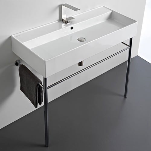 Large Rectangular Ceramic Console Sink and Polished Chrome Stand, 40